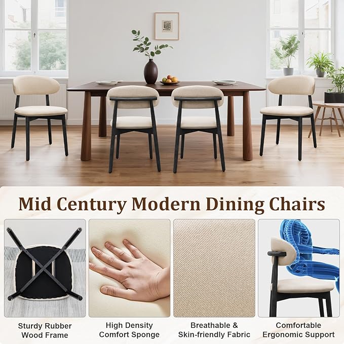 Wooden Dining Chairs Set of 8, Mid Century Modern Fabric Upholstered Kitchen Chairs Side Chairs, Farmhouse Dining Room Chair with Black Legs for Kitchen Dining Room Restaurant Cafe, Beige, Only Chairs