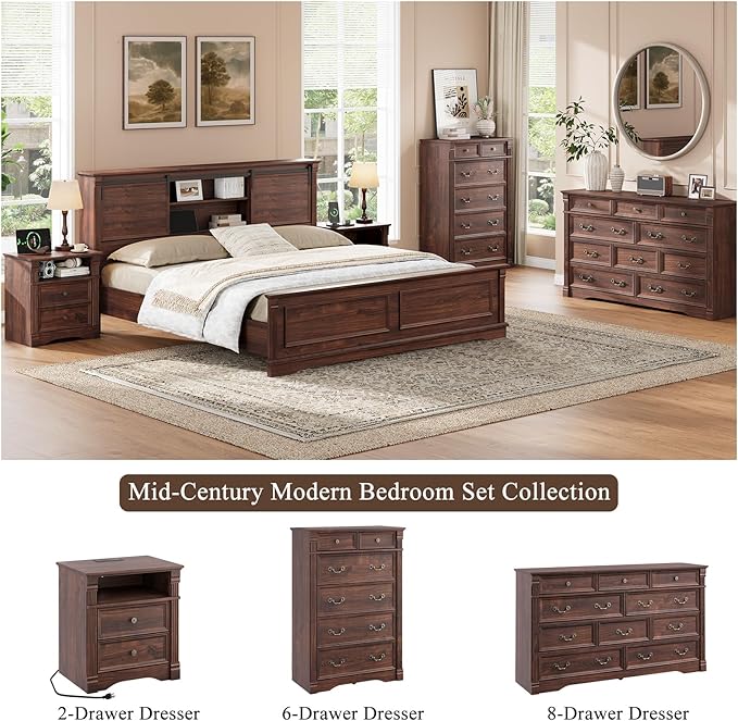 Walnut Nightstand with Charging Station, Farmhouse End Table with 2 Drawers and Storage Shelf, Wooden Bedside Table with Metal Handles, Vintage Design, Organizer for Bedroom, Hallway