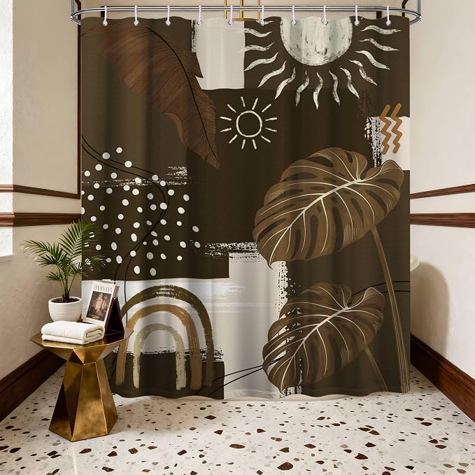 Dark Brown Mid Century Modern Shower Curtain Boho Abstract Khaki Earth Tone Shower Curtains for Bathroom Decor Sets, Waterproof Cloth Fabric with Hooks, 60 x 72 Inch