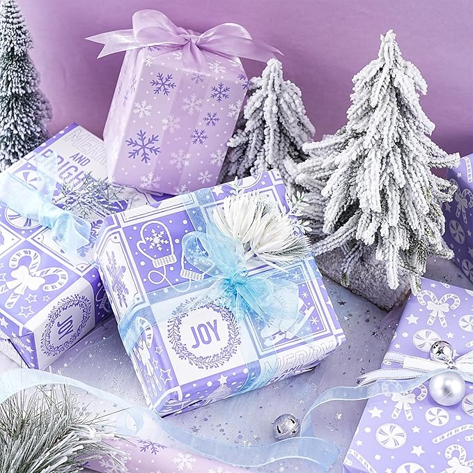 LeZakaa Christmas Wrapping Paper Mini Roll - Bell & Tree/Candy Canes/Snowflakes Design in Light Purple for Gift Wrap, Arts Crafts - 17 x 120 inches - 3 Rolls (42.5 sq.ft.ttl.)