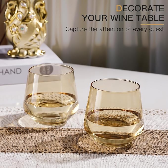 Amber Stemless Wine Glass Set of 6-14oz Wine Glasses, Stemless Drinking Glasses for Wine, Cocktails & Beverages - Elegant Glassware for Home, Bar & Holiday Use
