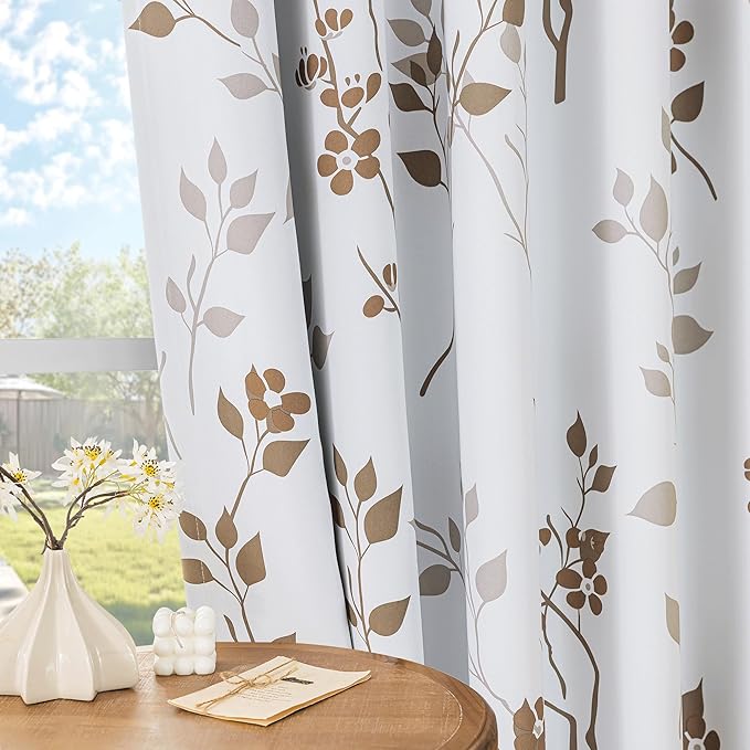 Beauoop Floral 100% Blackout Curtains 63 Inch Length 2 Panels for Bedroom Living Room Tan Brown and White Flower Patterned Room Darkening Thermal Soundproof Grommet Window Treatments Drapes, 52X63