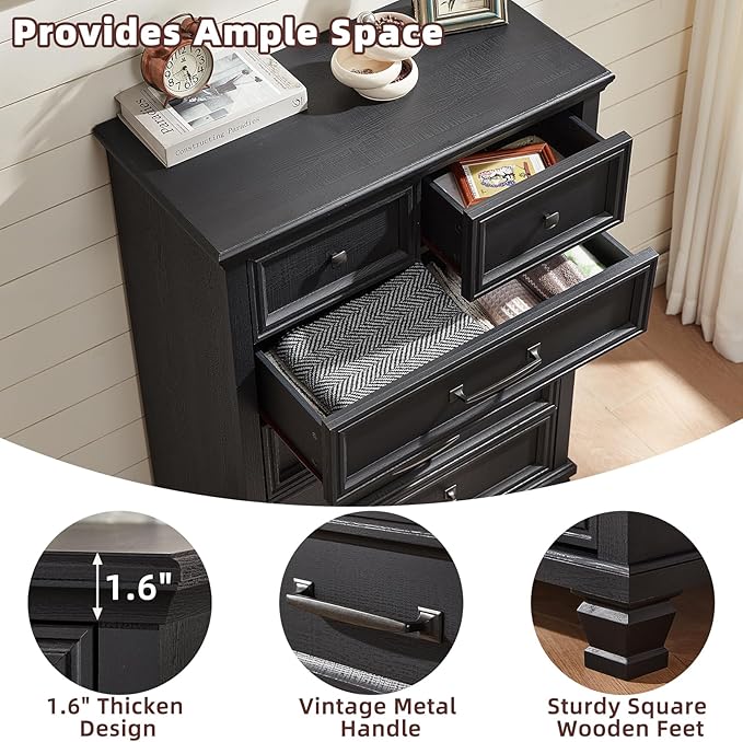 Farmhouse 6 Drawer Dresser for Bedroom, 45 Inch Tall Vintage Wood Chest of Drawers, Mid-Century Dressers w/Square Wooden Legs, Rustic Storage Organizer for Living Room, Hallway, Black