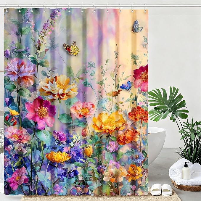 Wildflower Shower Curtain Colorful Flower Butterfly Shower Curtains for Bathroom Waterproof Fabric Bath Curtain Decor with Hooks