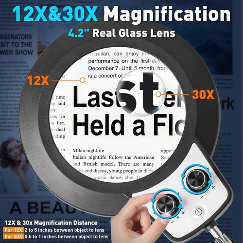 KIRKAS 12X Magnifying Glass with Light - Stepless Brightness LED Desk Lamp with Clamp & Stand