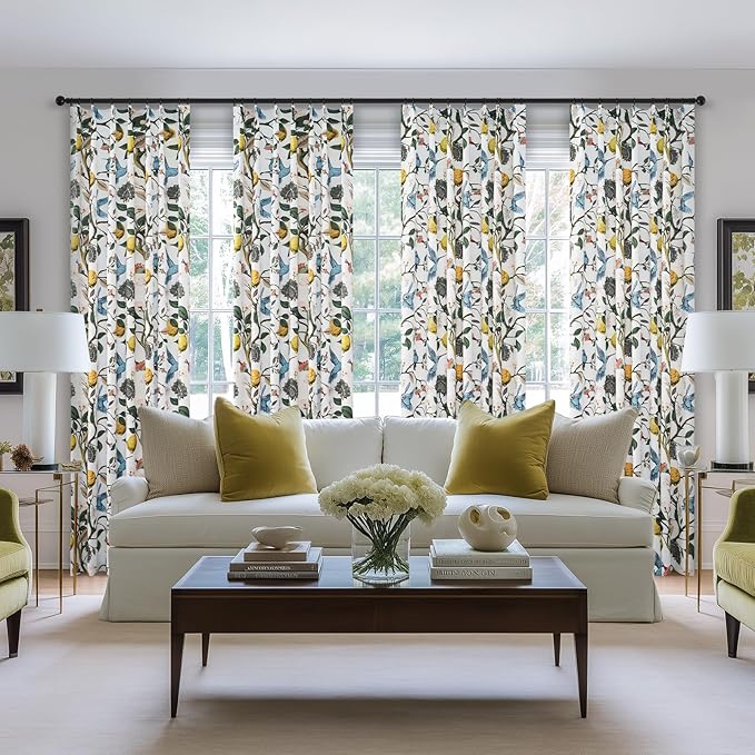 Blue White Vintage Floral Curtains 84 Inches Long for Living Room Bedroom Luxury Whimsical Lemon Hummingbird Patterned Waverly Mid Century Colorful Pinch Pleated Blackout Drapes 2 Panels