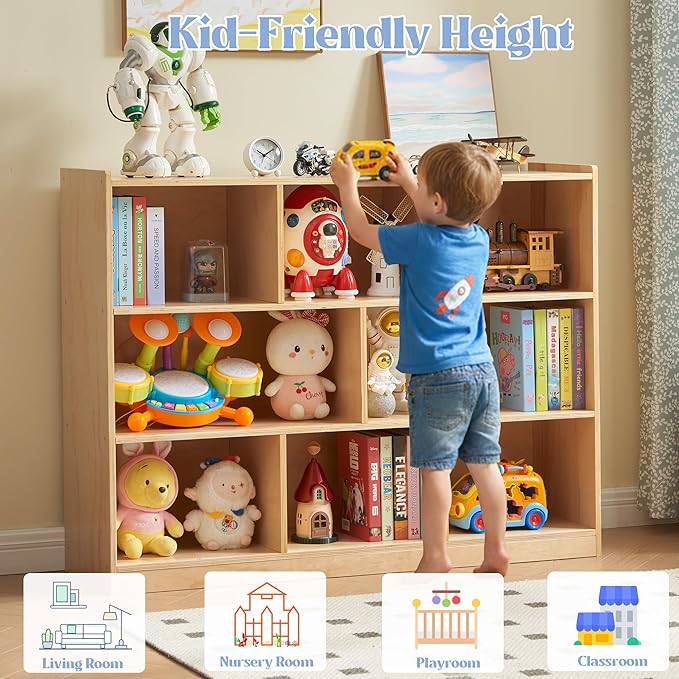 Montessori Shelf 8-Section Wooden Storage Cabinet, 3-Shelf Toy Organizers and Storage, Kids Classroom Organizer, Playroom, Daycare and Preschool