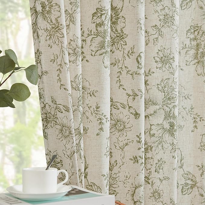 jinachan Linen Blend Floral Curtains for Living Room 96 Inch Length Christmas Sage Green Printed Curtain Back Tab Farmhouse Peony Flower Patterned Drapes Bedroom Window Curtains Set 2 Panels