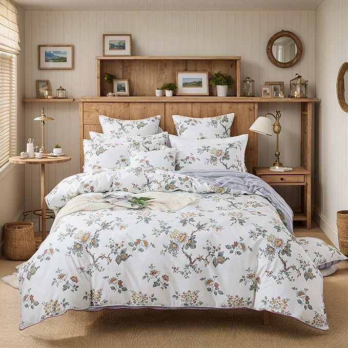 FADFAY Duvet Cover Set Twin XL Elegant Floral College Bedding Shabby Beige Bird Print Flower Quilt Cover Set 100% Cotton Soft Comforter Cover Set with Zipper Closure 3Pcs, Twin XL Size for Dorm Room