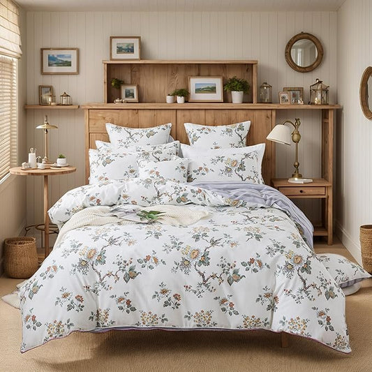 FADFAY Duvet Cover Set Twin XL Elegant Floral College Bedding Shabby Beige Bird Print Flower Quilt Cover Set 100% Cotton Soft Comforter Cover Set with Zipper Closure 3Pcs, Twin XL Size for Dorm Room