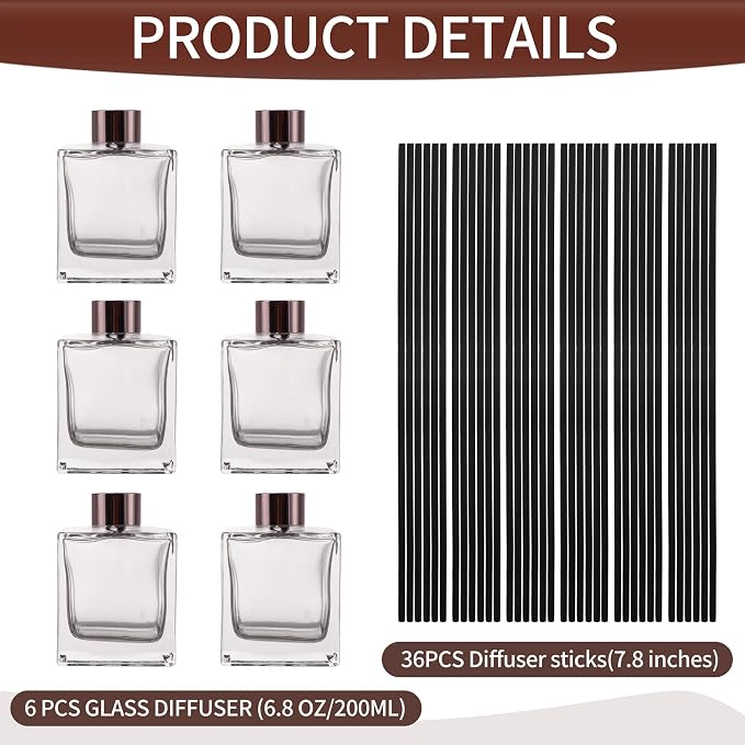 6 Pack Perfume Reed Diffuser Bottle,Empty Square Essential Oil Bottles Glass Jar with Black Sticks for DIY Fragrance Replacement Diffuser Sets (200ml/6.8 oz, Transparent Color)