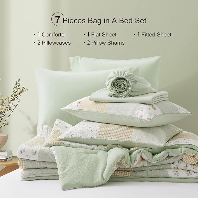 Oli Anderson King Comforter Set, 7 Pieces Light Green Floral Seersucker Bed Comforter, Patchwork Reversible Bed in a Bag with Comforter, Sheets, Pillowcases & Shams (Light Green, King)