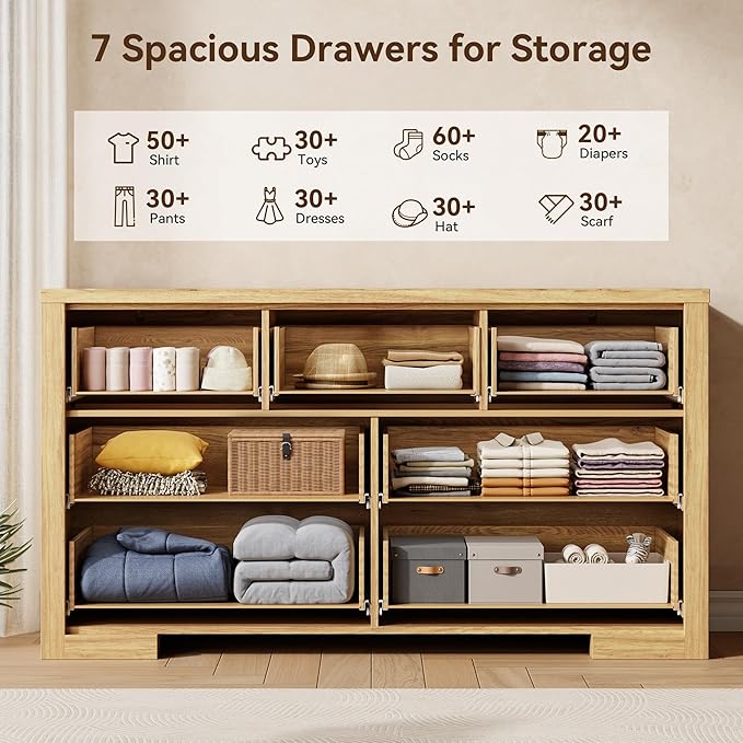 Fluted Dresser for Bedroom, 7 Drawer Dresser with Gold Handle, 54" Wide Chest of Drawers, Modern Wood Dressers Organizer for Bedroom, Liveroom, Entryway, Natural Oak