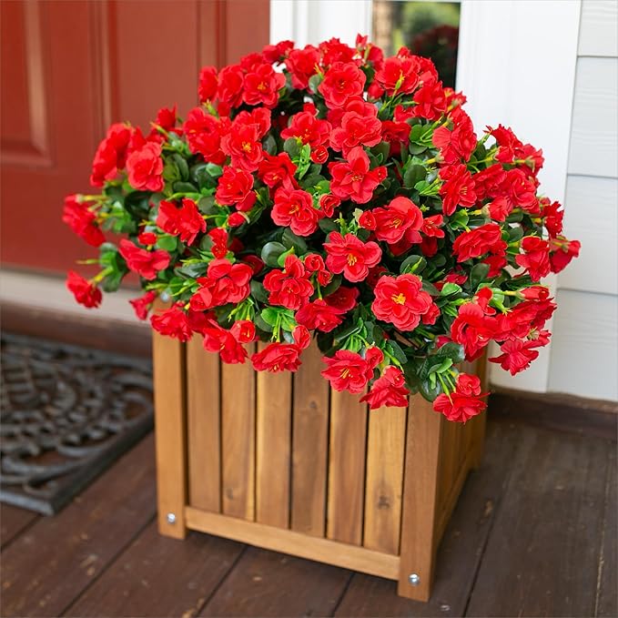 Ivydale Artificial Faux Red Flowers Plants for Outdoor Outside Winter Christmas Decor, Fake Silk Camellia UV Resistant Look Real for Planter Porch Patio Balcony Garden Table Indoor, 3 Large Bundles