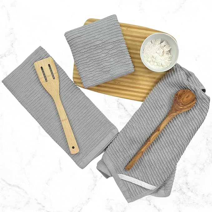 Serafina Home Light Grey Gray Kitchen Hand Dish Towels: Oversized 28" x 18", 100% Cotton Cloth Soft Cleaning Drying Absorbent Ribbed Design, Set of 3 Multipurpose for Everyday Use