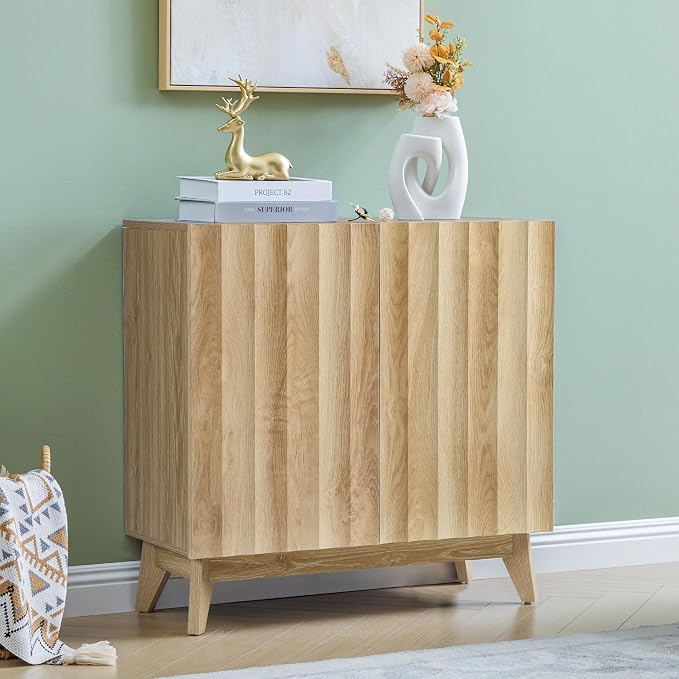 Bifins Sideboard Buffet Cabinet with Storage Set of 2, 61.4" Mid Century Modern Fluted Storage Cabinet with Doors & Adjustable Shelves for Living Room,Kitchen,Entryway (Natural 2pcs)