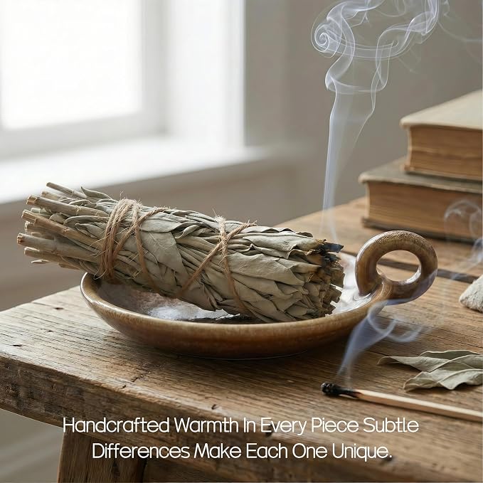 Vintage Ceramic Pillar Candle Holder Round Farmhouse Candlestick Holders with Handle, Decorative Incense Tray for Meditation Room, Table Centerpiece & Home Decor (Khaki)