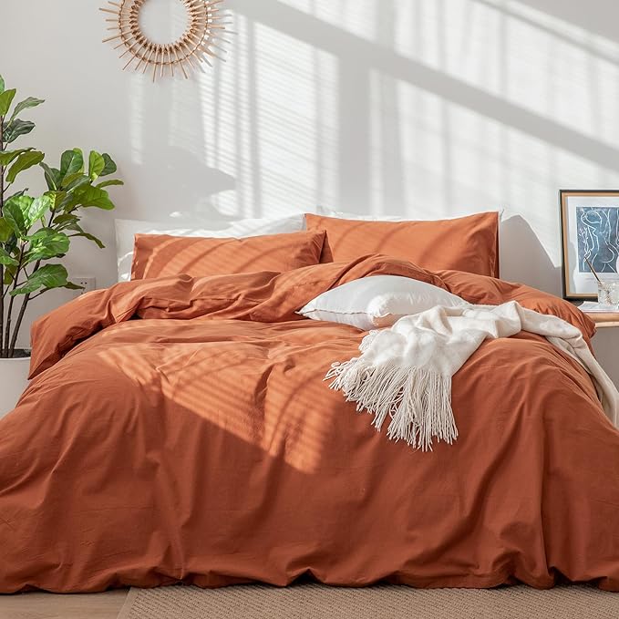 MooMee Bedding Duvet Cover Set 100% Washed Cotton Linen Like Textured Breathable Durable Soft Comfy (Solid Rust Brown, Twin 68"x90")