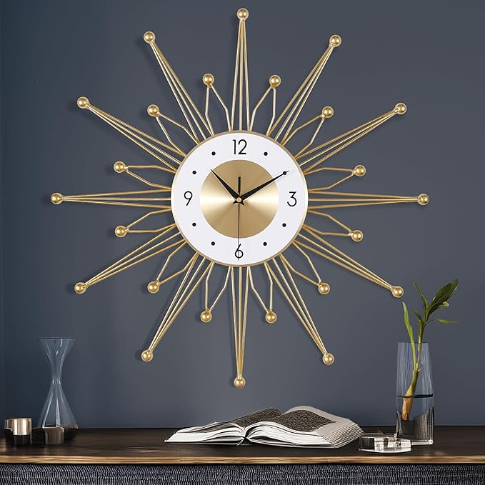 Lafocuse Silent 23 Inch Metal Large Gold Wall Clock for Home Decor, Mid Century Wall Clocks Battery Operated, Art Deco Starburst Wall Clocks for Living Room Kitchen Office