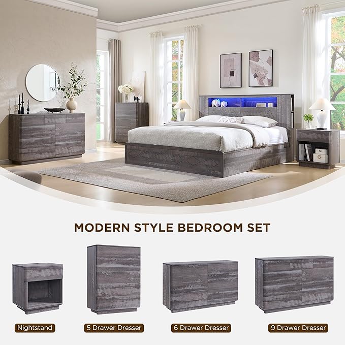 ACCOHOHO Modern 6 Drawer Dresser for Bedroom, 52" Wide Wooden Dressers with Large Storage,Handleless Chest of Drawers TV Stand for Living Room & Hallway, Curved Profile Design, Grey
