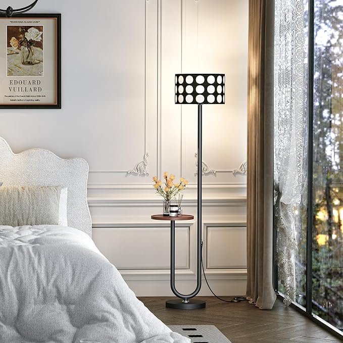 62.9" Floor Lamp with Table Brown, Black Lampshade Vintage Standing Lamp with Tray Foot Switch, 3 Color Temperatures LED Bulb Included, for Living Room, Bedroom