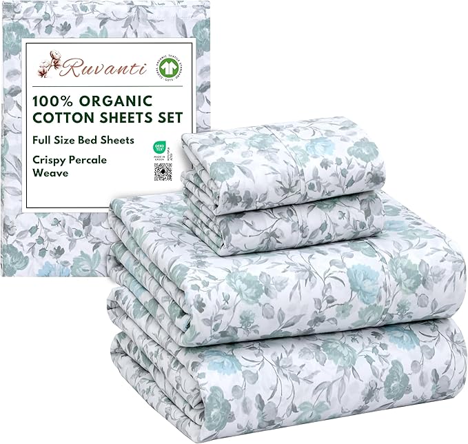 RUVANTI 100% Organic Cotton Sheets Full Size, Percale Weave, GOTS Certified, 4-Piece Set, Deep Pocket 15", Crisp & Breathable, Soft Durable Bedding, Sábanas Algodón Orgánico – Cold Chrysanthemum