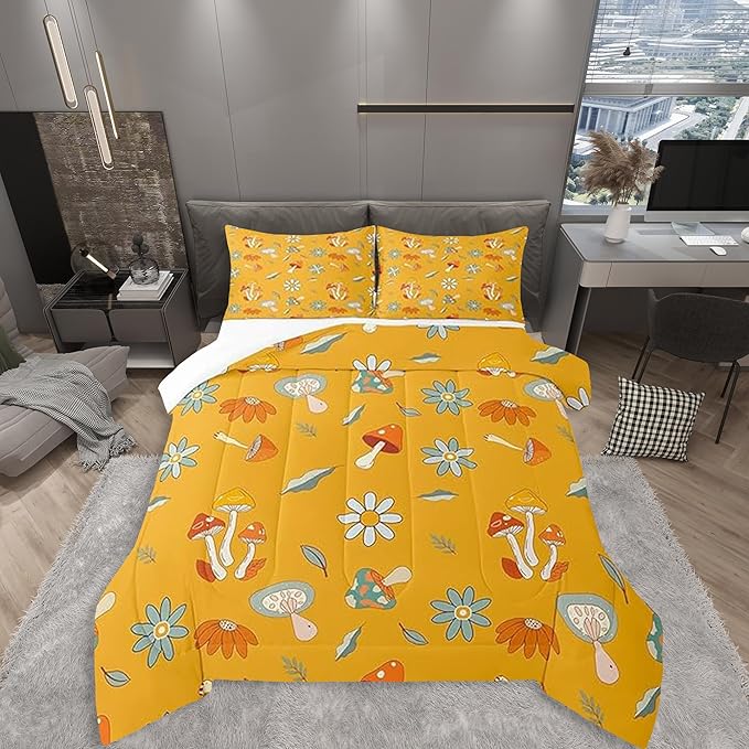 Castle Fairy Retro Hippie Mushroom Bedding Comforters King Size,Groovy Flowers Floral Duvet Set for Bedroom Decor,Yellow Boho Trippy Durable Comforter Set with 2 Pillowcases