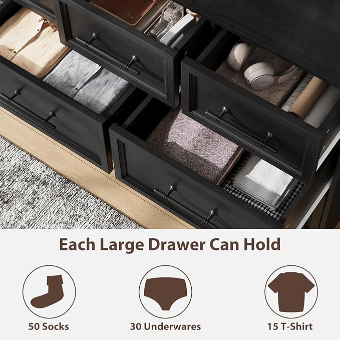 Black Dresser for Bedroom, 10 Drawer Dresser, 59" Wide Chest of Drawers w/Brushed Metal Handle, Wood Dressers TV Stand, Closet Organizers and Storage Cabinet for Bedroom, Living Room, Hallway