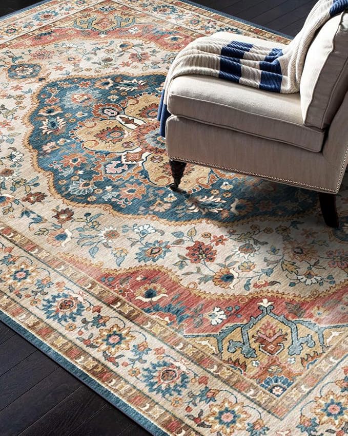 vivorug 3x5 Rug, Small Area Rug for Living Room, Bedroom, Kitchen, Machine Washable Non-Slip Throw Rug, Vintage Carpet for Entryway Nursery Coffee Table - Durable (Beige)