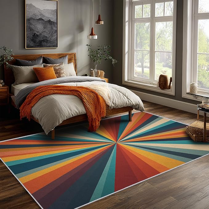 Retro Sunburst Rugs 8x10, 70s Colorful Abstract Washable 8 x 10 Area Rug for Living Room, Bedroom, Low Pile Non Slip Stain Resistant Carpet, Retro 70s Home Decor Accessories & M881