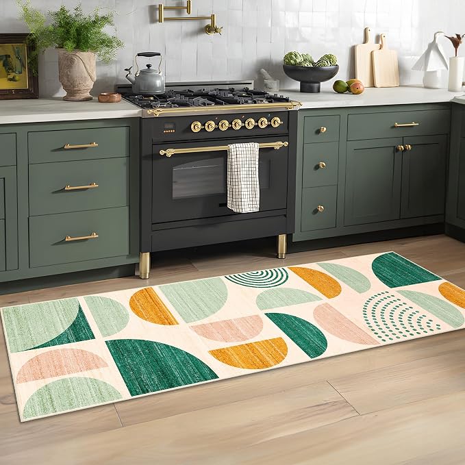 MUJOO Green Runner Rug Washable,Boho 2x6 Area Rugs for Hallways Kitchen Bathroom Bedroom Entryway,Non Slip Carpet Long Mat Indoor,Soft Modern Abstract Sage Green
