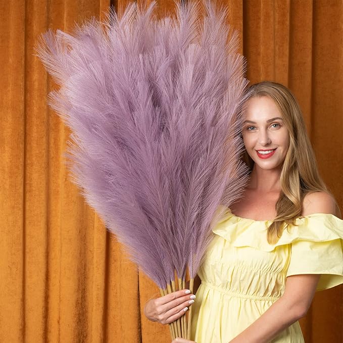 Pampas Grass Decor Tall, 43"/110cm Faux Pampas Grass 6 Stems Large Pompass Grass Branches Tall Bulk Boho Flower Arrangement for Home Room Wedding Party Decor (Light Purple)