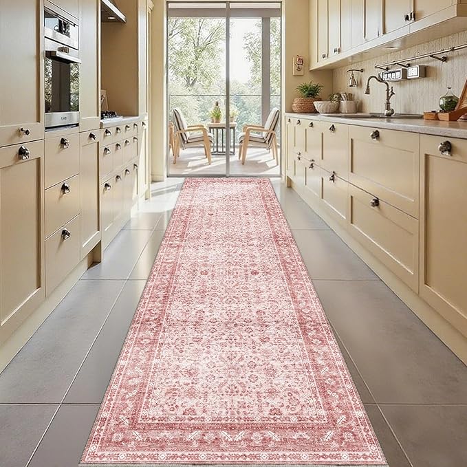 OPPODREAM Vintage Pink 3x10 Runner Rug, 3 x 10 Retro Washable Rug Non Slip, Low-Pile Faux Wool Carpet, Distressed Floor Mat for Kitchen, Hallway, Entry-Way, Entrance, Indoor Back Door