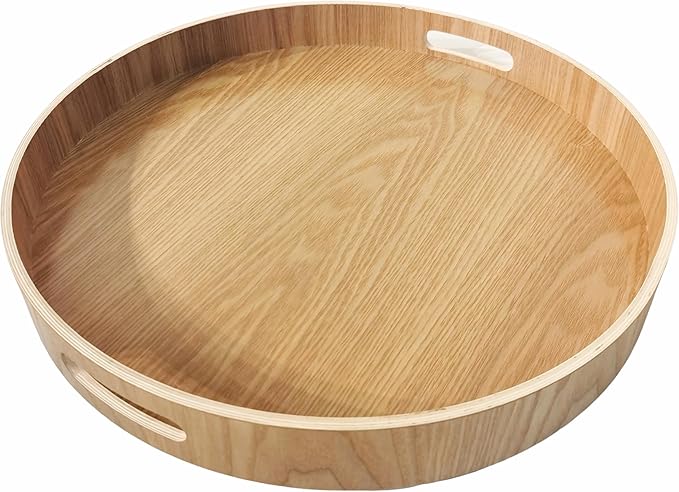i-lan Multi-Purpose Large Wooden Round 2" High Wall Severing Tray Food Storage Platters Plate with Handles,16 Inch Cocktail Circular Wood Tray for Breakfast, Drinks, Snack, Coffee Table (XL-40cm)
