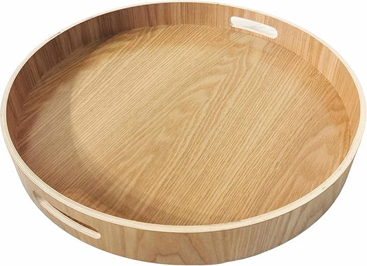 i-lan Multi-Purpose Large Wooden Round 2" High Wall Severing Tray Food Storage Platters Plate with Handles,16 Inch Cocktail Circular Wood Tray for Breakfast, Drinks, Snack, Coffee Table (XL-40cm)