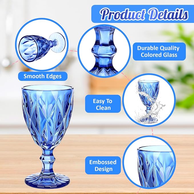 Yinder Glass Goblet Vintage Wine Goblet Embossed Glassware 10 oz Solid Color Glass Stemmed Cups for Iced Tea Beverage Soda Juice Water Liquor and Party Wedding Bars Restaurants (Blue,12 Pack)