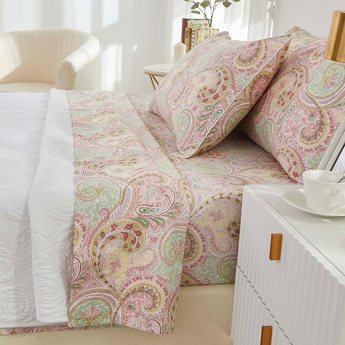 Brandream Boho Paisley Bedding Pink Elegant Watercolor Farmhouse Bed Sheets Set Queen Size Luxury Bedding Collections 800 Thread Count 100% Egyptian Cotton Deep Pocket, 4 Piece