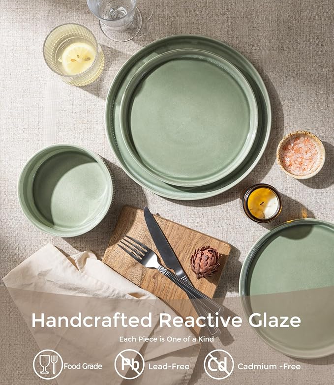 GBHOME 12-Piece Stoneware Dinnerware Set for 4 – Ribbed Ceramic Plates and Bowls, Scratch-Resistant, Microwave & Dishwasher Safe, Reactive Glaze, Light Green
