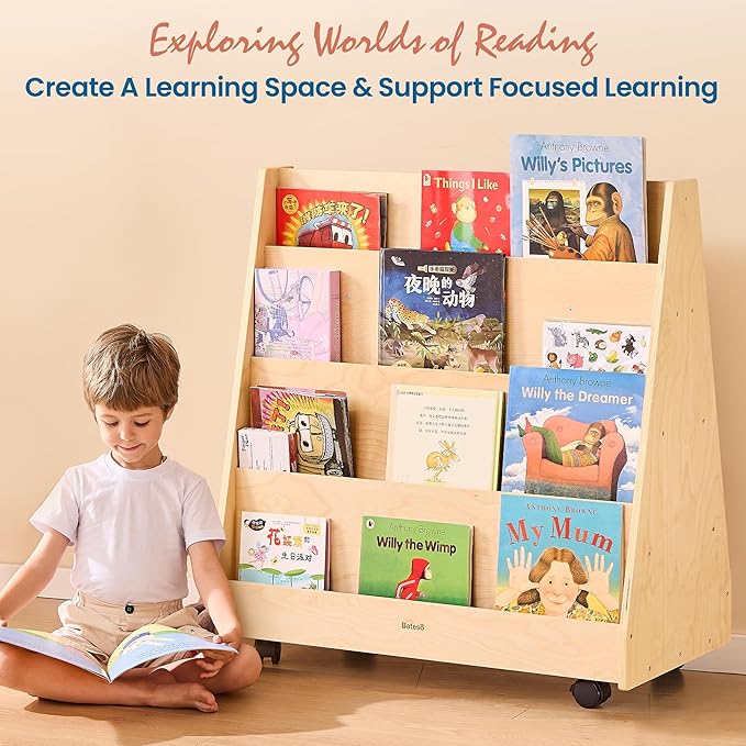 4-Tier Kids Bookshelf, Double-Sided Book Shelf for Kids Rooms, Toddler Book Rack Organizer with Wheels, Wooden Montessori Bookshelf & Book Storage Display for Classroom, Preschool, Nursery