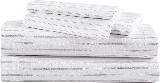Eddie Bauer - Flannel Sheets King Size, Anti-Pilling & Wrinkle Resistant Cotton, Touchably Soft for All-Season Comfort - Bed Sheets with Matching Pillowcases & Fitted Sheet (Trail Stripe Grey)