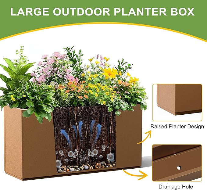 Metal Planter Box Rectangular Planter Box with Drainage Hole, Outdoor Large Planters, All-Weather Use, Rust-Resistance, for Flowers Plants, 32" L × 10" W × 16.3" H, Brown