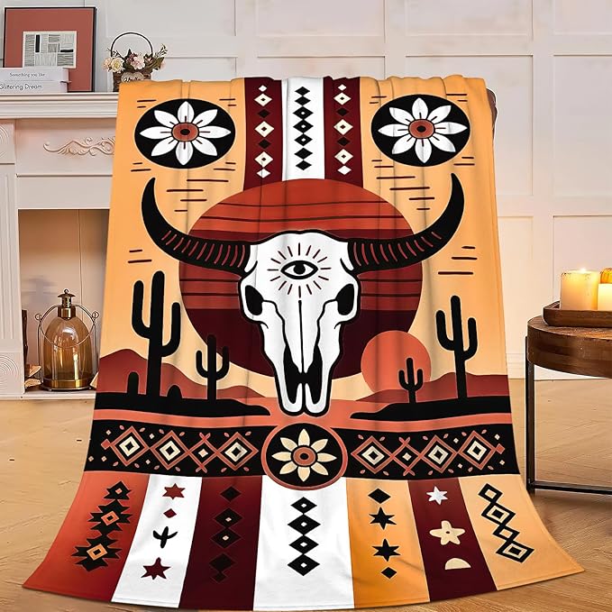 Western Boho Bull Skull Blanket Southwest Aztec Tribal Southwestern Navajo Throw Blanket Soft Cozy Fleece Fuzzy Stuffed Plush Flannel Gifts for Girls Women Boys Kids Adults 60''x80''