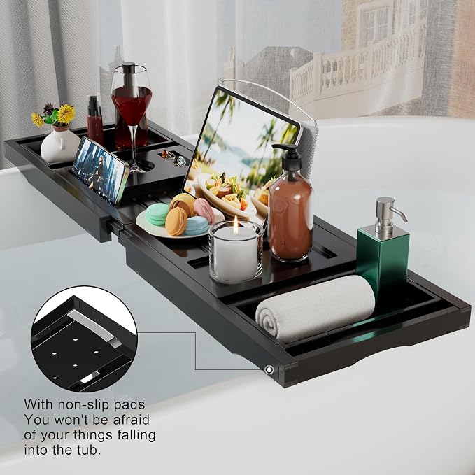 Bathtub Caddy Tray for Tub,Foldable Bath Table Trays,Bamboo Shelf with Book and Wine Glass Holder,Bathroom Accessories Suitable for Luxury Spa or Reading,Black