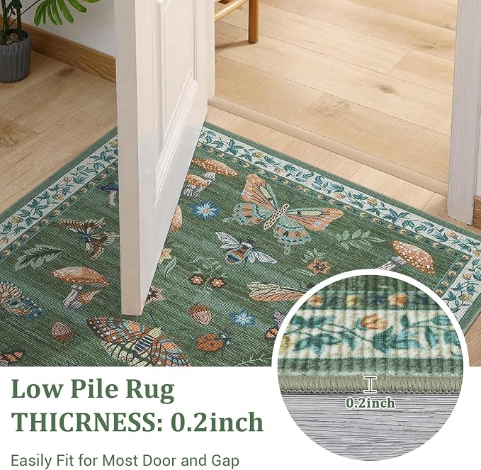 5x7 Washable Mushroom Floral Small Rug Non Slip Living Room Vintage Area Rug Low Pile Soft Bedroom Rugs Non Shedding Kitchen Rugs Boho Retro Indoor Carpet for Kids Nursery Room, Green