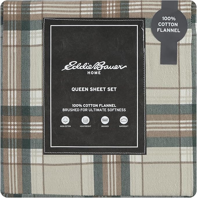Eddie Bauer - Flannel Sheets Queen Size, Anti-Pilling & Wrinkle Resistant Cotton, Touchably Soft for All-Season Comfort - Bed Sheets with Matching Pillowcases & Fitted Sheet (Edgewood Plaid Green)