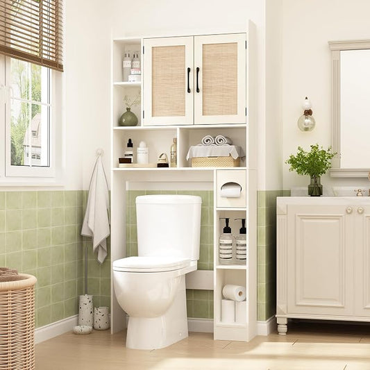 RUSTOWN Rattan Over The Toilet Storage Cabinet,Boho Over Toilet Bathroom Organizer with 2 Doors & Adjustable Shelves,Modern Above Toilet Rack with Toilet Paper Holder for Bathroom (Vintage White)