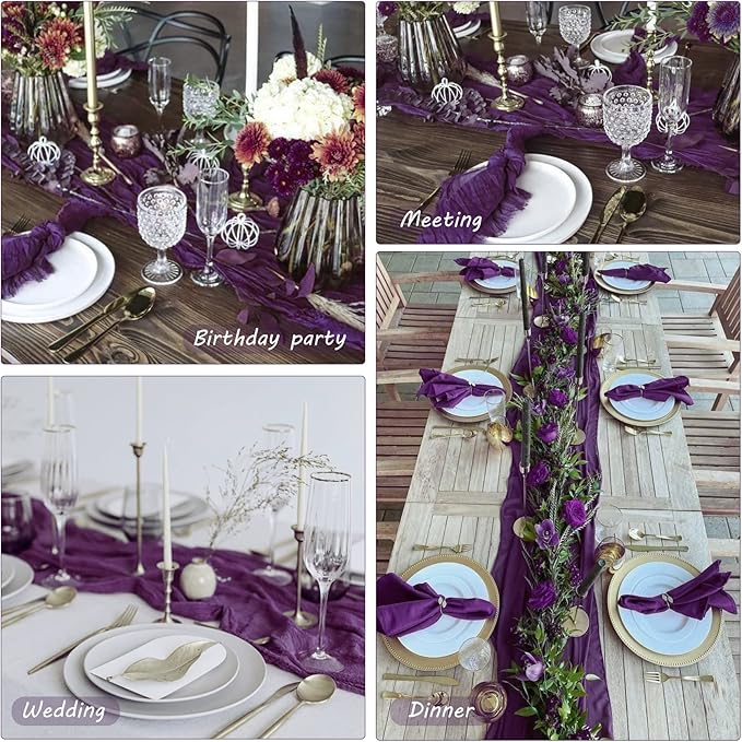 12 Pack 13Ft Cheesecloth Table Runner 35x157 Inch Boho Gauze Table Runner Cheese Cloth Long Rustic Table Runners for Wedding Bridal Shower Birthday Party Table Decor (Dark Purple)