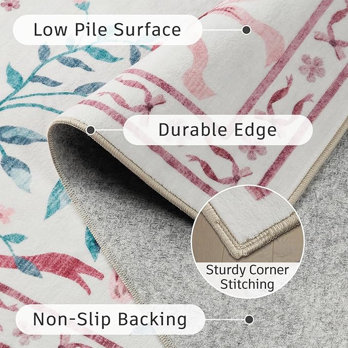 DCX Pink 2x6 Runner Rug, Machine Washable with Non Slip Backing Vintage Floral Hallway Bow Rug Soft Low Pile Stain Resistant, Kitchen, Bathroom, Front Door