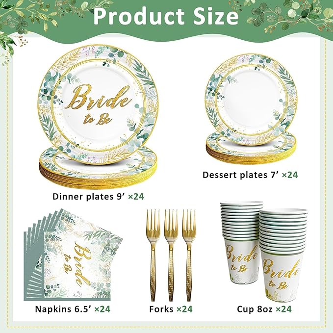 Sage Green Bridal Shower Plates and Napkins Kit, Bride to Be Eucalyptus Bachelorette Party Decorations Supplies for Bridal Shower Party Birthday Sage Green Favors Party Decor Service 24 Guests