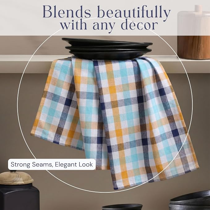 Check Dish Towels 12 Pack, 18"x26", Absorbent Hand Towels for Kitchen Use, Quick Dry Cloths, Durable Washable Rags, Reusable Dishcloth Set - Indigo Blue, Mustard Yellow, Aqua Blue